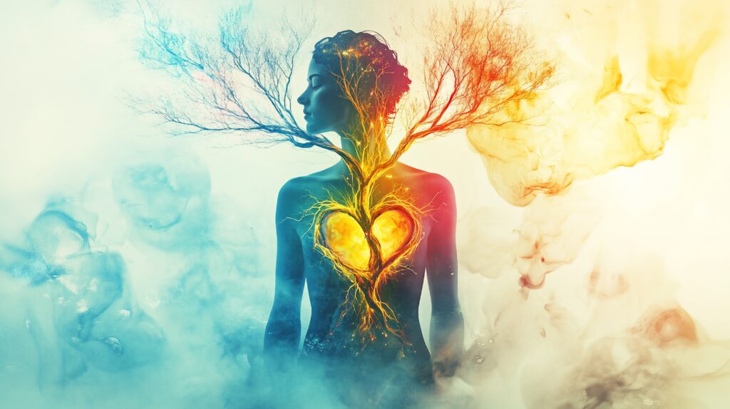 Illustration symbolique du lien entre le corps, les émotions et la conscience.